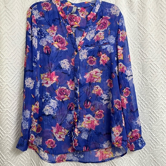 Kut From The Kloth Jasmine Blue Floral Button Blouse Size Large - Picture 1 of 5